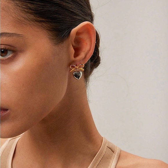 Set of 2 💛 Two-tone Bow Heart Earring Chain Link Bracelet Dual Tone Plated Steel - Picture 5 of 10